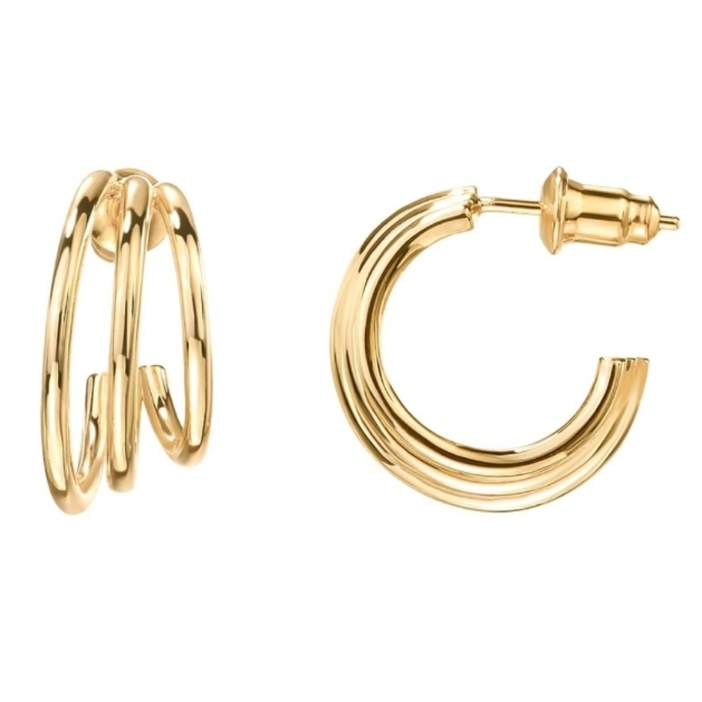 14K Gold Plated Huggie Triple Split Hoop Earrings